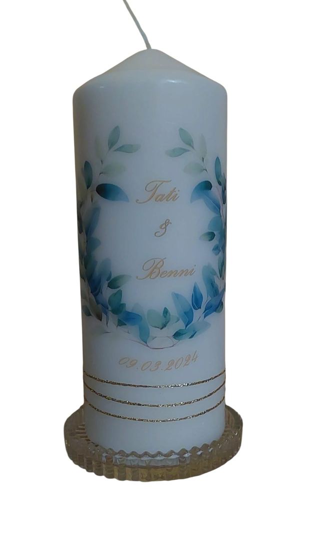 Hochzeitskerze mit Namen, Datum und Blätterkranz in Blaugrün und Gold