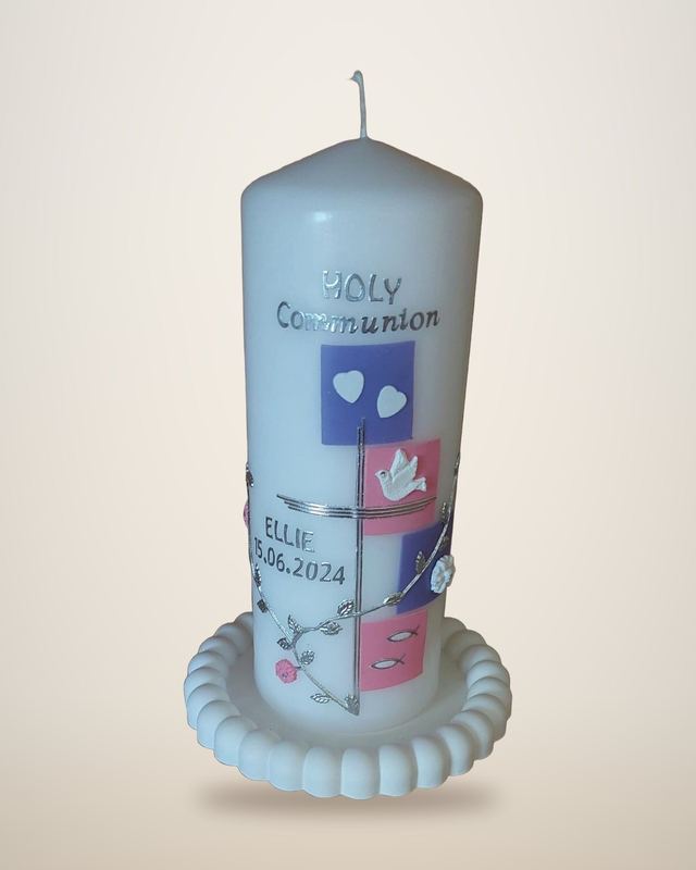 Kommunionkerze „Holy Communion“ in Rosa und Lila