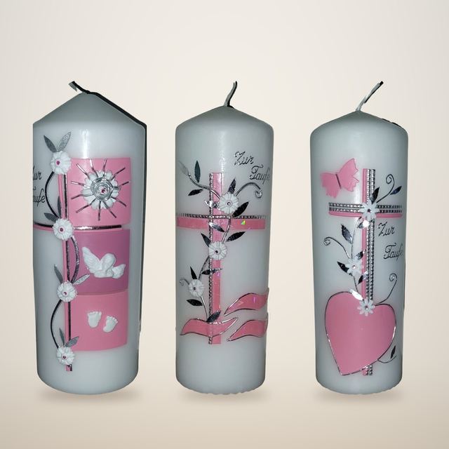 Taufkerzen in Rosa mit Kreuz, Herz und Engel